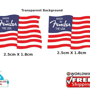 Puede incluir: Dos calcomanías de deslizamiento de agua que presentan una bandera estadounidense roja, blanca y azul con las palabras "Made in Fender The USA" en letras azules. Cada calcomanía mide 2,5 cm por 1,8 cm.