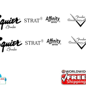 May include: Black and white decal featuring the Squier by Fender logo, the words "STRAT" and "Affinity series", and a Fender Custom Shop logo. The decal is for a guitar.