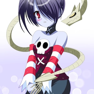 May include: Anime-style illustration of a character with pale skin, dark hair, and red eyes. The character wears a red and white striped top with a skull emblem and a black dress. A skeletal arm and a snake-like appendage are also present.
