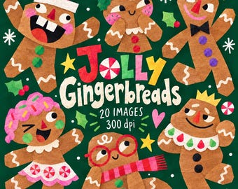 Op de afbeelding: Een digitale illustratie op een donkergroene achtergrond met vijf peperkoekfiguren met diverse accessoires, waaronder een kerstmuts, een bril en een kroon. De tekst luidt Jolly Gingerbreads 20 IMAGES 300 dpi.