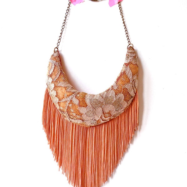 Peach salmon pink fringe felt stuffed metallic lace bib statement necklace bridesmaid gift