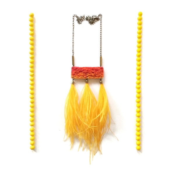 SALE!!! - Hand embroidered Velvet Geometric Rectangle / Ostrich Feather Tassels / Pendant Statement Necklace