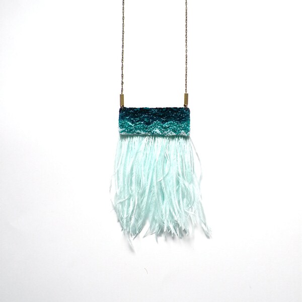 Hand embroidered Velvet Ostrich Feather Necklace / Electric Blue, Turquoise & Mint Blue / Embroidered Pendant Statement Necklace