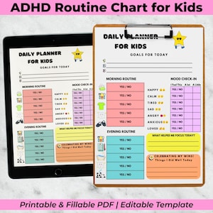 Kids Visual Routine Day Chart for ADHD | Cute & Colorful Daily Printable + Fillable PDF | Organized Schedule for Neurodivergent Children