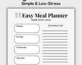 Easy Meal Planner Printable, Weekly Meal Plan PDF, Grocery List Template, Simple Low Stress Planner, Minimalist Meal Planning Sheet