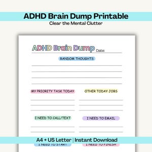 ADHD Brain Dump Printable, ADHD Planner Page, Brain Dump Worksheet, Neurodivergent Daily Organizer, A4 U.S. Letter PDF Instant Download