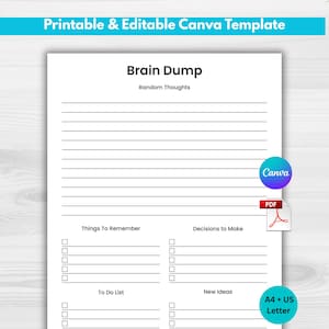 Brain Dump | ADHD Brain Dump Printable, Minimalist Brain Dump Worksheet, Digital Download, A4 & US Letter + Canva Template, Mental Health