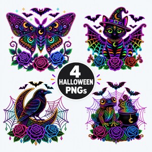 Könnte beinhalten: Eine digitale Sammlung von vier Halloween-Illustrationen mit einem Nachtfalter, einer Katze mit Hexenhut, einem Raben auf einer Mondsichel und einem Frosch mit Kessel, alle verziert mit neonfarbenen Regenbogenmustern, Spinnenweben, Fledermäusen und Rosen.