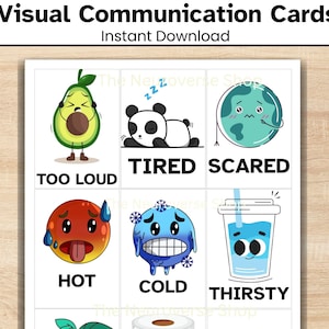 Autism Visual Supports Cards for Kids, Nonverbal Communication, Printable PDF A4 US Letter 8 core communication cards - hunger, toilet