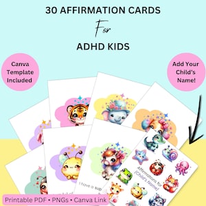 Schede di affermazione per bambini stampabili, ADHD - 30 PNG + PDF e modello Canva modificabile | Supporto all'autostima per bambini neurodiversi