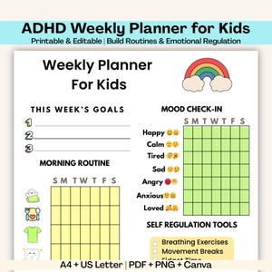 ADHD Kids Visual Routine Chart | Editable Weekly Schedule Planner | Canva Template + Printable PDF | Morning & Evening | A4 and US Letter