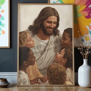 Könnte beinhalten: Ein gerahmter Druck, der eine lächelnde Figur umgeben von Kindern zeigt. Die zentrale Figur hat lange braune Haare und einen Bart und trägt ein weißes Gewand. Die Kinder, verschiedener Ethnien, blicken zu der Figur auf. Der Druck hat den Text "PREVIEW ONLY Neuroverse Shop".