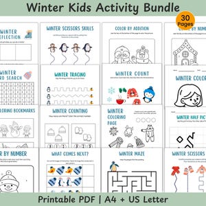 Könnte beinhalten: Ein druckbares Winter-Aktivitäts-Bundle für Kinder mit 30 Seiten. Enthält Malvorlagen, Labyrinthe, Scherenübungen und Zählaktivitäten. Enthält winterliche Illustrationen von Pinguinen, Schneemännern und anderen Winterelementen. Der Text auf dem Bild lautet "Druckbares PDF | A4 + US Letter".