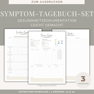 Könnte beinhalten: Druckbares Symptom-Tagebuch-Set mit drei verschiedenen Vorlagen: ein monatliches Symptom-Tagebuch, ein tägliches Symptom-Tagebuch und ein Symptom-Protokoll. Die Vorlagen sind so konzipiert, dass sie bei der Verfolgung von Gesundheit und Wohlbefinden helfen.