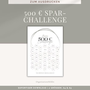 Reto de Ahorro de 500 Euros – Plantilla imprimible para ahorrar motivado | Tu compañero para tus metas financieras | Ahorra con pequeñas cantidades