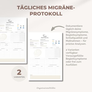 Tägliches Migräne-Protokoll im A4- und A5-Format – deutschsprachige PDF-Vorlage zur Dokumentation von Migräne-Attacken, Symptomen, Auslösern und Medikamenten. Minimalistisches Design in Beige und Weiß, perfekt zum Ausdrucken.