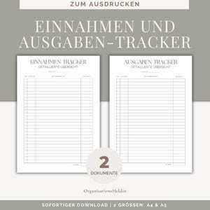 Könnte beinhalten: Druckbarer Einnahmen- und Ausgaben-Tracker mit zwei Seiten, eine für Einnahmen und eine für Ausgaben. Jede Seite hat eine Titel-, Datum-, Beschreibungs- und Betrags-Spalte. Der Titel des Dokuments lautet "Einnahmen und Ausgaben-Tracker".