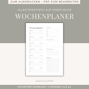 May include: A printable weekly planner with sections for Monday through Sunday, tasks, goals for the week, and a grid for notes. The text "Wochenplaner" is at the top of the planner, which translates to "Weekly Planner" in English.