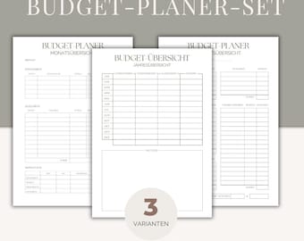 Può includere: Un set di pianificatori di budget stampabili con tre modelli diversi. Il set include un pianificatore di budget mensile, una panoramica del budget annuale e un pianificatore di budget con una sezione separata per gli appunti. Il testo sull'immagine dice "Budget-Planner-Set", "Budget-Planner Monatsübersicht", "Budget Übersicht Jahresübersicht", "Budget Planner Übersicht", "3 Varianten", "Organisations Heldin", "Sofortiger Download | 2 Grössen: A4 & A5".