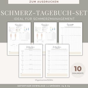 Könnte beinhalten: Ein Set mit 10 druckbaren Schmerztagebuch-Vorlagen für das Schmerzmanagement. Die Vorlagen beinhalten ein Körperdiagramm, eine Schmerzintensitätsskala und ein tägliches Schmerzprotokoll. Der Text auf dem Bild lautet "Schmerz-Tagebuch-Set Ideal für Schmerzmanagement" und "10 Dokumente".