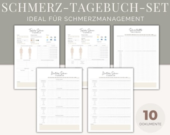 May include: A set of 10 printable pain journal templates for pain management. The templates include a body diagram, pain intensity scale, and daily pain log. The text on the image reads "Schmerz-Tagebuch-Set Ideal für Schmerzmanagement" and "10 Dokumente".