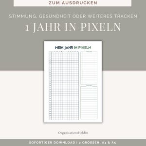Può includere: Foglio di lavoro stampabile intitolato "Il mio anno in pixel" con una griglia per tenere traccia dell'umore, della salute o di altre attività. Il foglio di lavoro include una sezione di codice colore e una sezione di note. Il testo "1 anno in pixel" è in cima alla pagina.