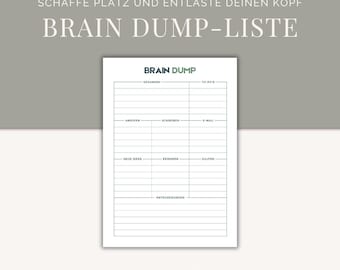 Peut inclure: Une liste de vidage de cerveau imprimable avec des catégories pour les pensées, les choses à faire, les appels, l'écriture, les e-mails, les nouvelles idées, les rappels, les achats et les décisions. Le titre est "Brain Dump List".