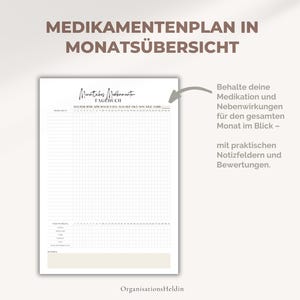 Monatliches Medikamenten-Tagebuch im A4 & A5 Format – deutschsprachige PDF-Vorlage zur Dokumentation von Migräne-Medikamenten, Dosierung, Häufigkeit, Wirkung und Nebenwirkungen. Minimalistisches, druckbares Design.