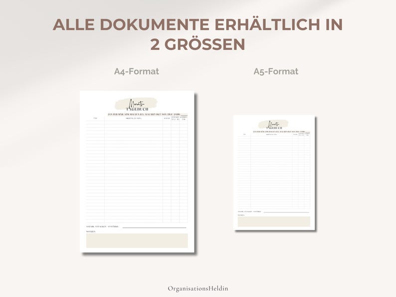 Monatsübersicht des Migräne- und Kopfschmerz-Tagebuchs im A4 und A5-Format – druckbare PDF-Vorlage zur Dokumentation von Schmerz-Tagen, Intensität und Dauer, minimalistisches Design auf Deutsch.