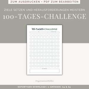 Puede incluir: Un rastreador de desafíos de 100 días imprimible con una cuadrícula de 100 círculos. El rastreador tiene un título que dice "100-Tages-Challenge" e incluye espacios para un objetivo y una fecha de inicio. El rastreador también tiene un espacio para una recompensa.