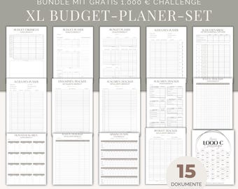 Può includere: Un set di 15 documenti stampabili per la pianificazione del budget, tra cui panoramiche del budget, pianificatori del debito e tracker delle entrate. Il set include una sfida da 1.000 € ed è disponibile nei formati A4 e A5. Il testo dice "XL Budget-Planner-Set".