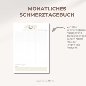 Monats-Schmerztagebuch für Migräne und Kopfschmerzen im A4 & A5 Format – deutschsprachige PDF-Vorlage zur täglichen Dokumentation von Schmerzintensität, Dauer, Medikamenten und Auslösern. Minimalistisches Design, druckbar.