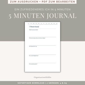 Puede incluir: Un diario imprimible de 5 minutos con indicaciones para la reflexión, que incluyen "¿Cuáles son las tres cosas más importantes que quieres lograr hoy?" y "¿Cuál fue tu punto culminante del día?"