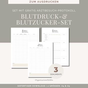 May include: Printable blood pressure and blood sugar log sheets. The set includes three documents: two log sheets and one doctor's visit protocol. The text on the image reads "Zum Ausdrucken", "Set mit gratis Arztbesuch-Protokoll", "Blutdruck - & Blutucker-Set", "Blutdruck Protokoll", "Blutucker Protokoll", "3 Dokumente", "Organisations Heldin", "Sofortiger Download | 2 Grössen: A4 & A5".