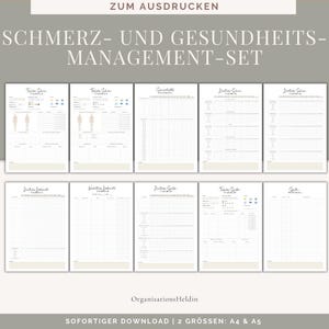 Könnte beinhalten: Ein Satz druckbarer Vorlagen für das Gesundheits- und Schmerzmanagement. Die Vorlagen enthalten Diagramme zur Verfolgung von Symptomen, Schmerzstufen und anderen gesundheitsbezogenen Informationen. Der Text auf dem Bild lautet "Pain and Health Management Set".