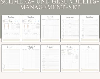 May include: A set of printable health and pain management templates. The templates include charts for tracking symptoms, pain levels, and other health-related information. The text on the image says "Pain and Health Management Set".