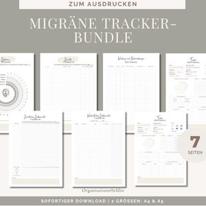 Op de afbeelding: Een bundel van zeven afdrukbare migraine tracker pagina's. De pagina's bevatten een migraine tracker, een hoofdpijndagboek en een triggerprotocol. De tekst op de pagina's is in het Duits. De bundel is verkrijgbaar in A4- en A5-formaten.