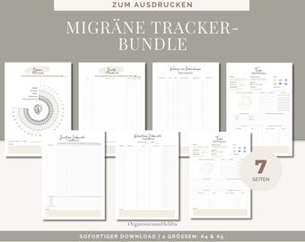 May include: A bundle of seven printable migraine tracker pages. The pages include a migraine tracker, a headache diary, and a trigger protocol. The text on the pages is in German. The bundle is available in A4 and A5 sizes.