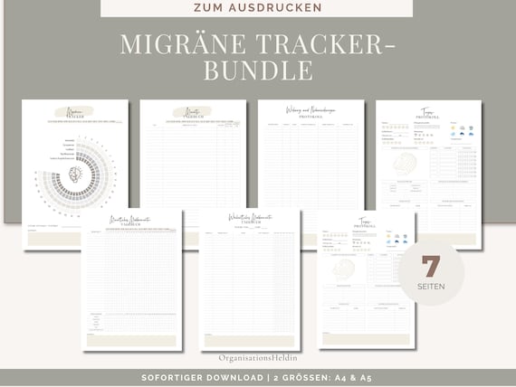 Migräne & Kopfschmerz Tagebuch Bundle – A4 A5 PDF druckbar | Schmerztracker, Protokoll, Medikamentenplan | Gesundheitsjournal deutsch