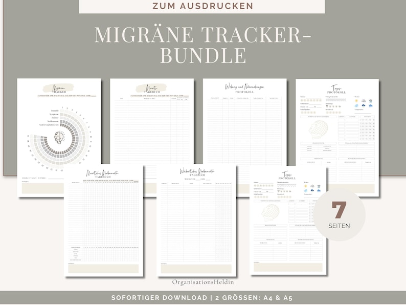 Titelseite des Migräne- & Kopfschmerz-Tagebuchs – minimalistisches A4/A5 Design in Weiß und Beige, mit Feldern für Name, Zeitraum und Arzt, druckbare PDF Vorlage deutsch.