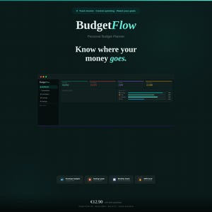 Peut inclure: Graphique teal promouvant "BudgetFlow", un planificateur de budget personnel. Le texte dit "Sachez où va votre argent." Une interface sombre affiche des données financières. Le prix est de 12,90 €.