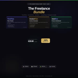 Peut inclure: Visuel sombre présentant "The Freelance Bundle" avec les descriptions des logiciels TimeFlow, InvoiceFlow et Autoflow. L'image affiche un prix de 29,90 € et une réduction de "-34%".