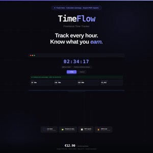 Peut inclure: Interface numérique bleu foncé pour un suivi du temps freelance, TimeFlow. L'interface affiche une minuterie indiquant 02:34:17, avec des options pour démarrer et arrêter. Le texte comprend "Suivez chaque heure. Sachez ce que vous gagnez."