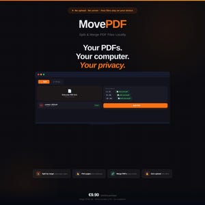 Peut inclure: Graphique orange foncé et noir faisant la promotion du logiciel MovePDF. Le texte indique « Vos PDF. Votre ordinateur. Votre confidentialité. » L'interface du logiciel est affichée, montrant les options de fractionnement et de fusion des PDF. Le prix est de 9,90 €.