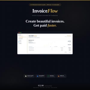 Pode incluir: Fundo escuro com o texto "InvoiceFlow" e "Invoice & Quote Generator for Freelancers." A imagem mostra um exemplo de fatura com o texto "Create beautiful invoices. Get paid faster."