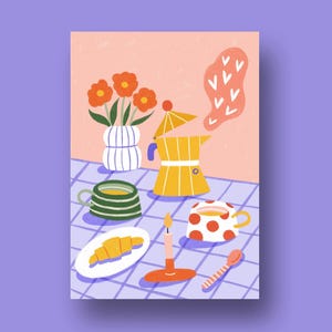 Carte Petit dej' - illustration joyeuse pour cuisine ou salon - A6 décor mural