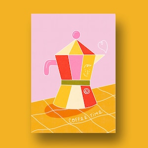 Carte Cafetière italienne - illustration joyeuse pour cuisine ou salon - A6 décor mural