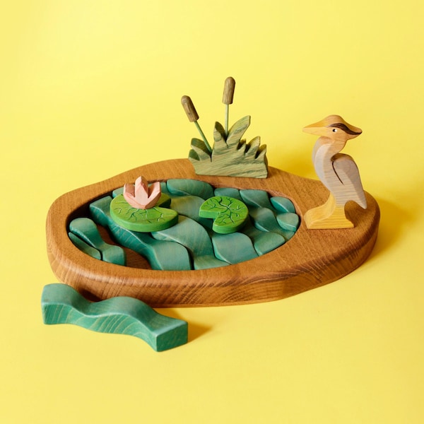 Wooden Pond Playset: Waldorf Heron Toy, Montessori Nursery Decor