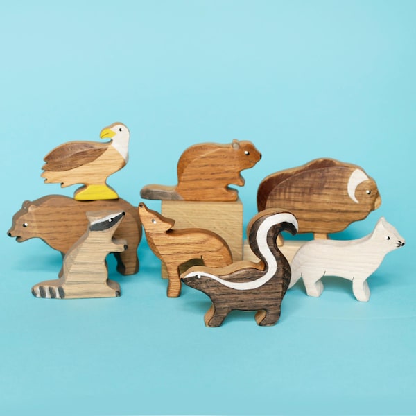 Montessori Wooden Animal Figures: North American Wildlife Toy Set
