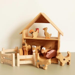 Wooden Farm Animal Toy Set Montessori Wooden Toys Handmade Farm Playset for Toddlers Waldorf Animal Figurines
